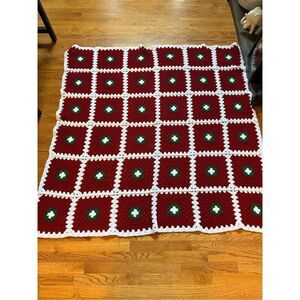 Handmade Red Green & White Christmas Colors Granny Square Crochet Throw Blanket